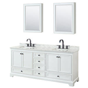 Deborah 80 Inch Double Bathroom Vanity in White White Carrara Marble Countertop Undermount Square Sinks Matte Black Trim Medicine Cabinets