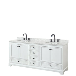 Deborah 80 Inch Double Bathroom Vanity in White White Carrara Marble Countertop Undermount Square Sinks Matte Black Trim