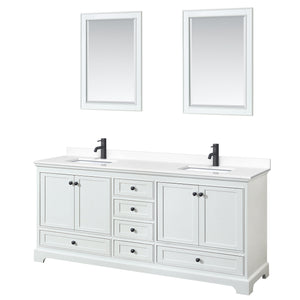 Deborah 80 Inch Double Bathroom Vanity in White White Cultured Marble Countertop Undermount Square Sinks Matte Black Trim 24 Inch Mirrors