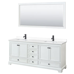 Deborah 80 Inch Double Bathroom Vanity in White White Cultured Marble Countertop Undermount Square Sinks Matte Black Trim 70 Inch Mirror