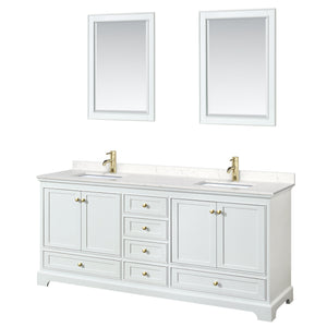 Deborah 80 Inch Double Bathroom Vanity in White Carrara Cultured Marble Countertop Undermount Square Sinks Brushed Gold Trim 24 Inch Mirrors