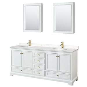 Deborah 80 Inch Double Bathroom Vanity in White Carrara Cultured Marble Countertop Undermount Square Sinks Brushed Gold Trim Medicine Cabinets