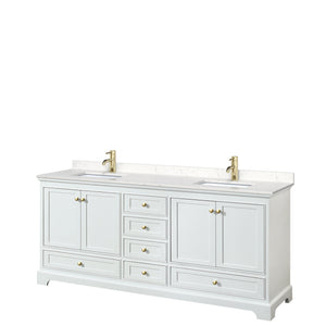Deborah 80 Inch Double Bathroom Vanity in White Carrara Cultured Marble Countertop Undermount Square Sinks Brushed Gold Trim No Mirrors