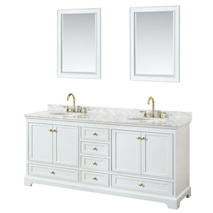 Deborah 80 Inch Double Bathroom Vanity in White White Carrara Marble Countertop Undermount Oval Sinks Brushed Gold Trim 24 Inch Mirrors
