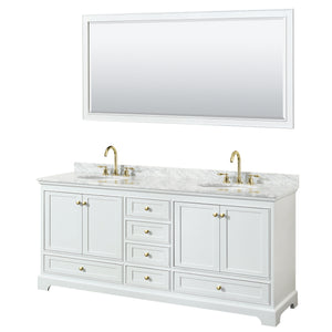Deborah 80 Inch Double Bathroom Vanity in White White Carrara Marble Countertop Undermount Oval Sinks Brushed Gold Trim 70 Inch Mirror