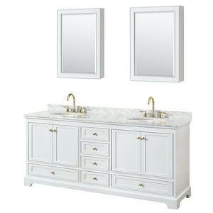 Deborah 80 Inch Double Bathroom Vanity in White White Carrara Marble Countertop Undermount Oval Sinks Brushed Gold Trim Medicine Cabinets