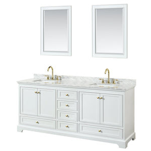 Deborah 80 Inch Double Bathroom Vanity in White White Carrara Marble Countertop Undermount Square Sinks Brushed Gold Trim 24 Inch Mirrors
