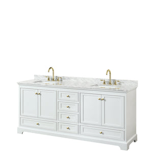 Deborah 80 Inch Double Bathroom Vanity in White White Carrara Marble Countertop Undermount Square Sinks Brushed Gold Trim No Mirrors