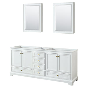 Deborah 80 Inch Double Bathroom Vanity in White No Countertop No Sinks Brushed Gold Trim Medicine Cabinets