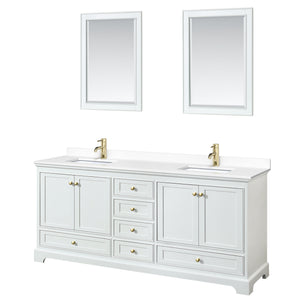 Deborah 80 Inch Double Bathroom Vanity in White White Cultured Marble Countertop Undermount Square Sinks Brushed Gold Trim 24 Inch Mirrors