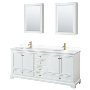 Deborah 80 Inch Double Bathroom Vanity in White White Cultured Marble Countertop Undermount Square Sinks Brushed Gold Trim Medicine Cabinets