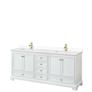 Deborah 80 Inch Double Bathroom Vanity in White White Cultured Marble Countertop Undermount Square Sinks Brushed Gold Trim No Mirrors