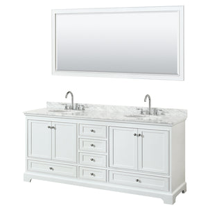 Deborah 80 Inch Double Bathroom Vanity in White White Carrara Marble Countertop Undermount Oval Sinks and 70 Inch Mirror