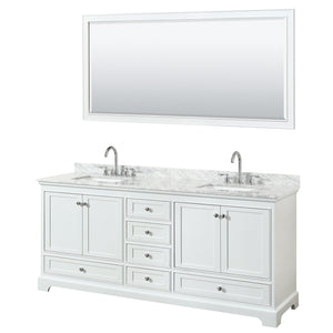 Deborah 80 Inch Double Bathroom Vanity in White White Carrara Marble Countertop Undermount Square Sinks and 70 Inch Mirror