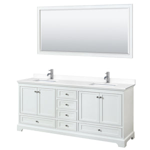 Deborah 80 Inch Double Bathroom Vanity in White White Cultured Marble Countertop Undermount Square Sinks 70 Inch Mirror