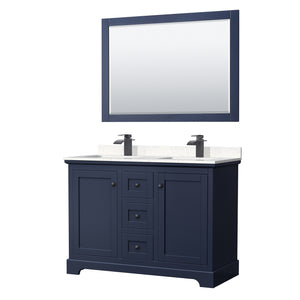Avery 48 Inch Double Bathroom Vanity in Dark Blue Carrara Cultured Marble Countertop Undermount Square Sinks Matte Black Trim 46 Inch Mirror