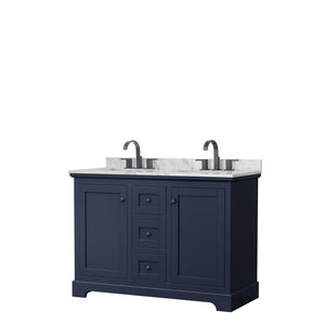Avery 48 Inch Double Bathroom Vanity in Dark Blue White Carrara Marble Countertop Undermount Oval Sinks Matte Black Trim