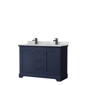 Avery 48 Inch Double Bathroom Vanity in Dark Blue White Carrara Marble Countertop Undermount Square Sinks Matte Black Trim