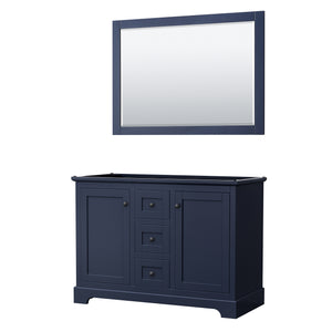Avery 48 Inch Double Bathroom Vanity in Dark Blue No Countertop No Sinks Matte Black Trim 46 Inch Mirror