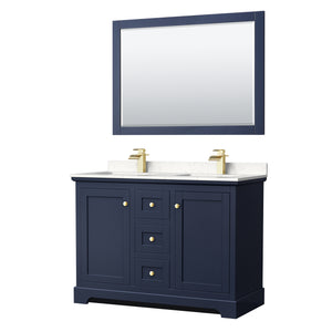 Avery 48 Inch Double Bathroom Vanity in Dark Blue Carrara Cultured Marble Countertop Undermount Square Sinks 46 Inch Mirror