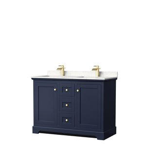 Avery 48 Inch Double Bathroom Vanity in Dark Blue Carrara Cultured Marble Countertop Undermount Square Sinks No Mirror