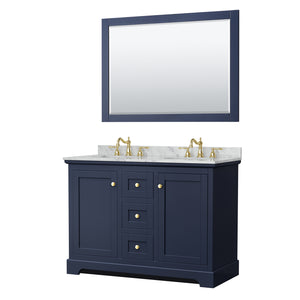 Avery 48 Inch Double Bathroom Vanity in Dark Blue White Carrara Marble Countertop Undermount Oval Sinks 46 Inch Mirror