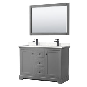 Avery 48 Inch Double Bathroom Vanity in Dark Gray Carrara Cultured Marble Countertop Undermount Square Sinks Matte Black Trim 46 Inch Mirror