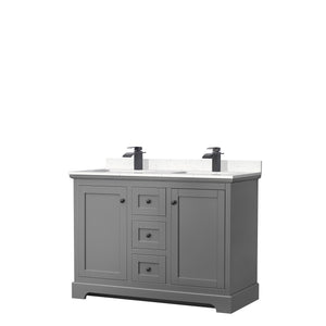 Avery 48 Inch Double Bathroom Vanity in Dark Gray Carrara Cultured Marble Countertop Undermount Square Sinks Matte Black Trim