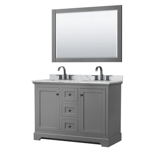 Avery 48 Inch Double Bathroom Vanity in Dark Gray White Carrara Marble Countertop Undermount Oval Sinks Matte Black Trim 46 Inch Mirror
