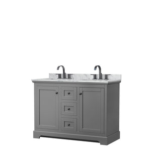 Avery 48 Inch Double Bathroom Vanity in Dark Gray White Carrara Marble Countertop Undermount Oval Sinks Matte Black Trim