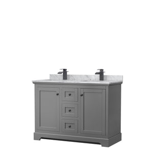 Avery 48 Inch Double Bathroom Vanity in Dark Gray White Carrara Marble Countertop Undermount Square Sinks Matte Black Trim