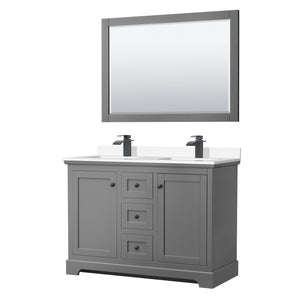 Avery 48 Inch Double Bathroom Vanity in Dark Gray White Cultured Marble Countertop Undermount Square Sinks Matte Black Trim 46 Inch Mirror