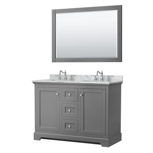 Avery 48 Inch Double Bathroom Vanity in Dark Gray White Carrara Marble Countertop Undermount Oval Sinks 46 Inch Mirror