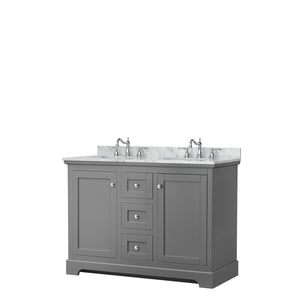Avery 48 Inch Double Bathroom Vanity in Dark Gray White Carrara Marble Countertop Undermount Oval Sinks No Mirror