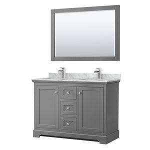 Avery 48 Inch Double Bathroom Vanity in Dark Gray White Carrara Marble Countertop Undermount Square Sinks 46 Inch Mirror