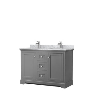 Avery 48 Inch Double Bathroom Vanity in Dark Gray White Carrara Marble Countertop Undermount Square Sinks No Mirror