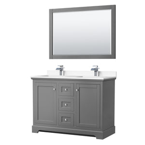 Avery 48 Inch Double Bathroom Vanity in Dark Gray White Cultured Marble Countertop Undermount Square Sinks 46 Inch Mirror
