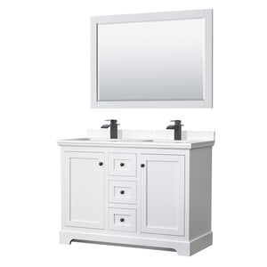 Avery 48 Inch Double Bathroom Vanity in White Carrara Cultured Marble Countertop Undermount Square Sinks Matte Black Trim 46 Inch Mirror