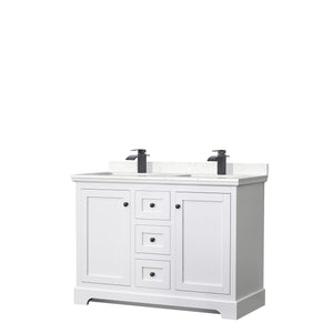 Avery 48 Inch Double Bathroom Vanity in White Carrara Cultured Marble Countertop Undermount Square Sinks Matte Black Trim