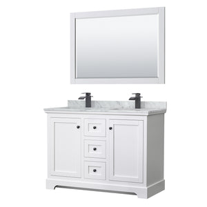 Avery 48 Inch Double Bathroom Vanity in White White Carrara Marble Countertop Undermount Square Sinks Matte Black Trim 46 Inch Mirror