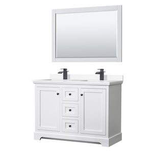 Avery 48 Inch Double Bathroom Vanity in White White Cultured Marble Countertop Undermount Square Sinks Matte Black Trim 46 Inch Mirror