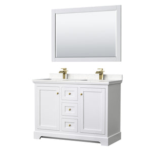 Avery 48 Inch Double Bathroom Vanity in White Carrara Cultured Marble Countertop Undermount Square Sinks 46 Inch Mirror Brushed Gold Trim