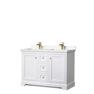 Avery 48 Inch Double Bathroom Vanity in White Carrara Cultured Marble Countertop Undermount Square Sinks Brushed Gold Trim