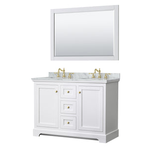 Avery 48 Inch Double Bathroom Vanity in White White Carrara Marble Countertop Undermount Oval Sinks 46 Inch Mirror Brushed Gold Trim