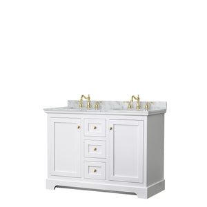 Avery 48 Inch Double Bathroom Vanity in White White Carrara Marble Countertop Undermount Oval Sinks Brushed Gold Trim