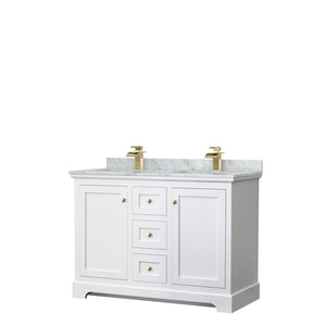 Avery 48 Inch Double Bathroom Vanity in White White Carrara Marble Countertop Undermount Square Sinks Brushed Gold Trim