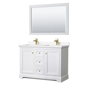 Avery 48 Inch Double Bathroom Vanity in White White Cultured Marble Countertop Undermount Square Sinks 46 Inch Mirror Brushed Gold Trim
