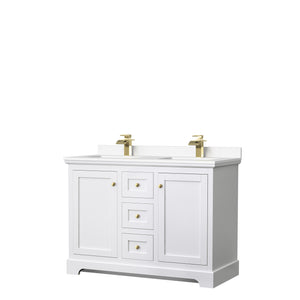 Avery 48 Inch Double Bathroom Vanity in White White Cultured Marble Countertop Undermount Square Sinks Brushed Gold Trim