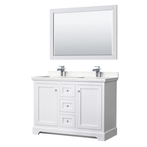 Avery 48 Inch Double Bathroom Vanity in White Carrara Cultured Marble Countertop Undermount Square Sinks 46 Inch Mirror