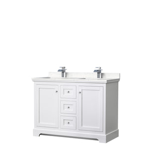 Avery 48 Inch Double Bathroom Vanity in White Carrara Cultured Marble Countertop Undermount Square Sinks No Mirror